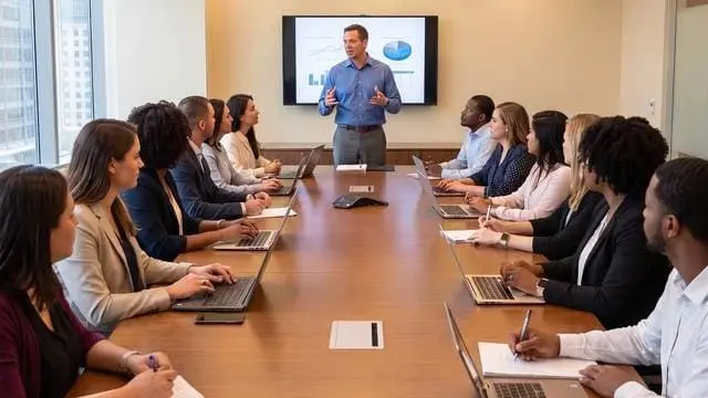 An instructor leading a corporate training session with a team around a boardroom table